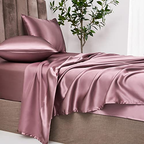Jemiipee Parure de Lit Satin Couleur Unie Drap Housse - 180x200 cm 2 Personnes avec Grand Bonnet de 36 cm - Ensemble 4 Pièces - Drap Housse, Drap Plat et 2 Taie d'oreiller, Mauve