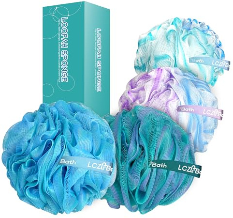 LCZLBath Loofah 4 Pack 75g Extra Large Loofa Set Soft Bath Sponge Thick Body Wash Puffs for Shower (Purple-Blue-Green-Mixed)