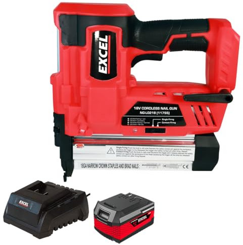 Excel 18V Cordless Second Fix Nailer with 1 x 4.0Ah Battery & Charger, Firing Speed 60Nails/min, 2 Mode - Single Firing and Contact Firing, 18ga Staple Size, Depth Adjustment Wheel