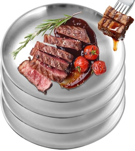 WANDGU 4 Piezas Platos Llanos de Acero Inoxidable: Ø23cm Platos Llanos Redondos para Camping, Bandejas Redondas de Acero Inoxidable, Platos Redondos de Vajilla para Cocina, Camping, Picnic