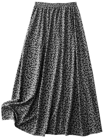 KUIH Skirts for Women UK Summer Floral Boho Long Skirts for Ladies Elasticated Waist A Line Maxi Skirt Party Dress Holiday Vacation Beach Clothes Black