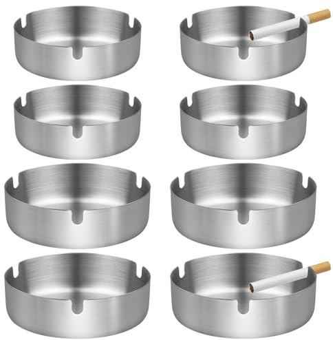 8 posacenere in acciaio inox, rotondo, in acciaio inox, diametro 8/10 cm, posacenere da tavolo in metallo, portatile, per interni ed esterni, a casa e in ufficio