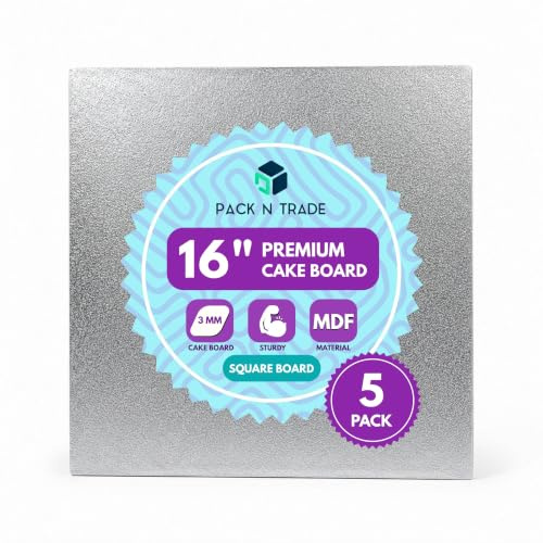 Pack N Trade 16 Inch Square Cake Boards – Pack of 5 Double Thick 4mm Cardboard, Foil-Finished Both Sides, Reusable & Sturdy Cake Base for Baking, Decorating, and Display
