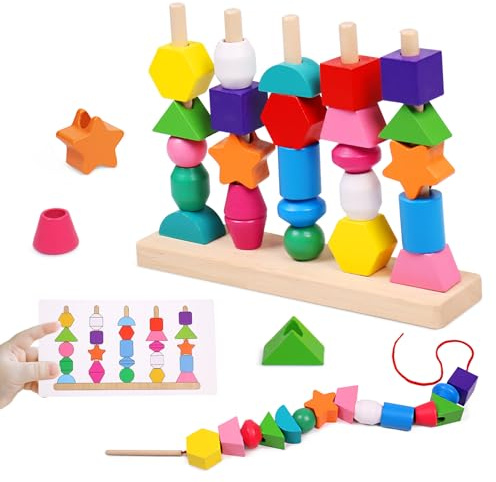 wotoyd Giocattoli Montessori per Bambini 3 4 5 Anni in Legno con Perline da Infilare Impilare e Ordinare Forme Geometriche Sviluppo Motorie Fini Giochi Educativi