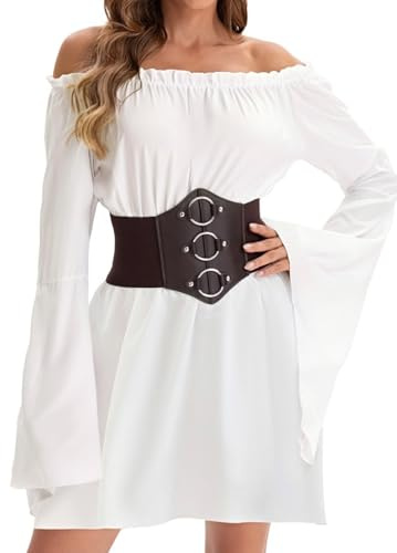 Felcia Womens Renaissance Tops Peasant Ruffle Smocked Waist Boho Pirate Shirt Blouse with Black Corset Waist Belt (A-WHITE, S)