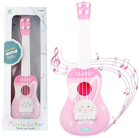 36cm Kids Ukulele Toy Guitar for Girls & Boys, Pink Rabbit Toddler Guitar with 4 Strings, Educational Musical Instrument Toy for Beginners Ages 3–7, (Pink)