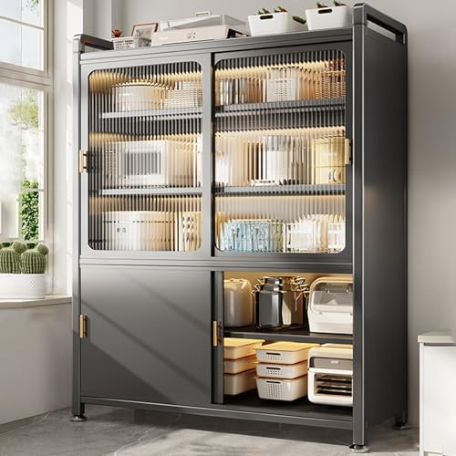 Armario Auxiliar Cocina, Puerta Corredera Doble, Altura de Estante Ajustable, Estructura de Metal, Barras de Café de 5 Niveles for Cocina, Comedor, Sala, Garaje, Capacidad de Carga 600kg