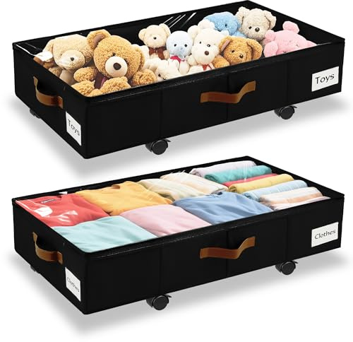 VatFott Under Bed Storage with Wheels,Underbed Storage with Sturdy Sidewalls/Bottom, Clear Cover, Label and PU Handle, Rolling Under Bed Drawers for Clothes, Shoes, 6.5 Inch Height,Black, 2 Pack