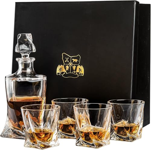 Classic Whiskey Decanter, Whiskey Glasses Gift Set Includes 750ml Whisky Decanter, Whiskey Glasses Tasman Twist' for Spirits of 4 with Wooden Display Box, Whiskey Gift Sets for Men