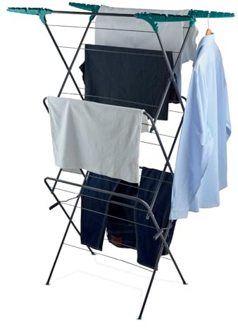 Tower 3 Tier Concertina Clothes Airer with Fold Out Hanger Hooks, 18m Drying Space, Self-Setting Frame, Space- Saving Foldable Design, Anthracite & Teal, T873030TL