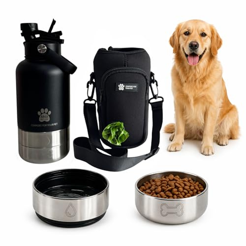 AHIZ 3-in-1 Dog Water Bottle with Carrier Bag, 32oz Portable Pet Water Dispenser, Dual-Purpose Lid & 2 Detachable Bowls, Leakproof Design for Walking, Hiking & Travel (Black)