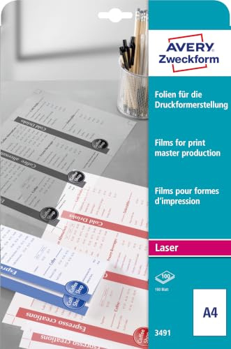AVERY Zweckform 3491 Laserfolien - Transparentfilme für die Druckformerstellung (100 Stück, A4, matt beschichtet, stapelverarbeitbar, für S/W Laserdrucker, Folienstärke 0,10mm)