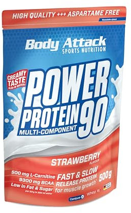 Body Attack Power Protein 90, Fragola, 1 kg, 5K proteine in polvere con proteine del siero di latte, L-carnitina e BCAA per la costruzione muscolare e il fitness.