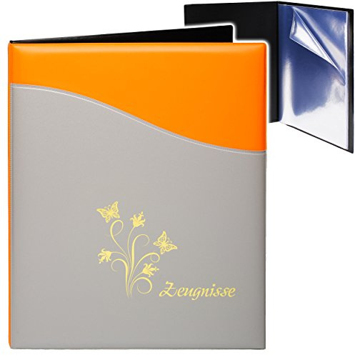 alles-meine.de GmbH A4 - Zeugnismappe/Dokumentenmappe - Zeugnisse Schmetterlinge & Blumen - 3D Metallic & Kunst-Leder Effekt - orange/grau - GEBUNDEN mit 20 festen ..