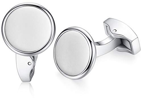 HONEY BEAR Herren Weiß Perle Schale Stein/Schwarz Achat Onyx Manschettenknöpfe Cufflinks Edelstahl Manschettenknopf für Hemd, Hochzeit Geschäft Geschenk (Gebürstetes Silber)