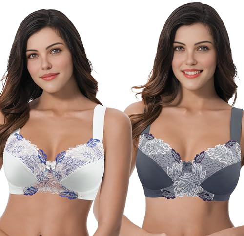 Curve Muse Talla Grande para Mujer,minimizador,inalámbrico,Sujetador sin Forro con Encaje Bordado-Paquete de 2-Suero De La Leche,Gris-105C