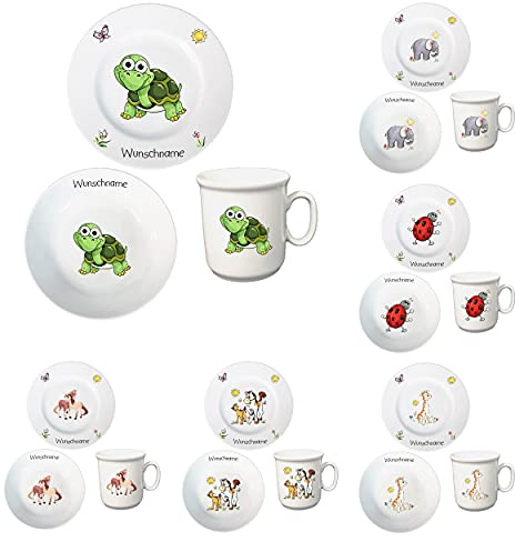 Kindergeschirr personalisiert - Frühstücksservice 3-tlg. Porzellan Teller Becher Schale personalisierbar mit Wunschname Name Frühstücksset mit Namen personalisiert (Schildkröte)