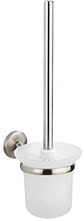 WENKO Juego para el WC «Cuba Matt», portaescobillas de vidrio satinado con escobilla higiénica, soporte de calidad maciza de zinc fundido a presión inoxidable, con acabado mate, 11,5 x 35 x 15 cm