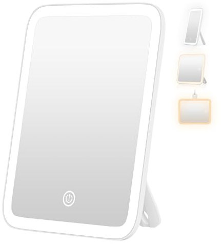 Auxmir Kosmetikspiegel mit Beleuchtung, Wiederaufladbar Tragbar Schminkspiegel mit 3 Lichtfarben, Dimmbar Reisespiegel Tischspiegel mit Touchschalter, Faltbarer Kompaktspiegel mit Licht für Makeup