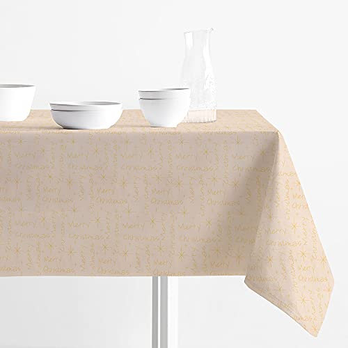 INTRECCI Tovaglia Antimacchia Rettangolare Natale Jacquard Lurex Disponibile in più Colori e Misure, Tovaglia Merry Christmas Natalizia Resistente Alle Macchie (Oro, 140x300 cm)
