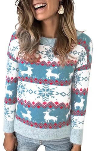Marvmys Maglione Natalizio Donna Inverno Pupazzo Neve Renna Fiocco Neve Morbido Maglione Lavorato a Maglia Girocollo a Maniche Lunghe Regalo Natale Blu Chiaro #A M