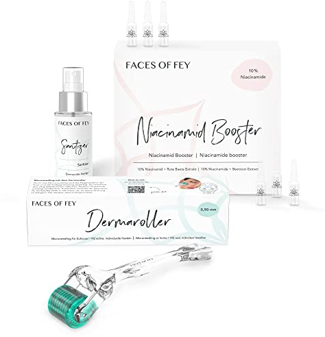 Microneedling Set för att minska porer och mot pormaskar för ansikte och kropp – FACES OF FEY Dermaroller 0,50 mm riktiga nålar, niacinamide serum och sanitizer – ta bort finnar hemma