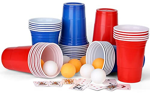 AEIWUMOK Beer Pong Becher,(50 Beerpong Becher 10 Bällen) Bierpong Becher Set,480ml Beerpongbecher mit Bällen,Partybecher 25 Rot und 25 Blau 16.23oZ,mehrwegbecher Für Party Trinkspiele - Groß
