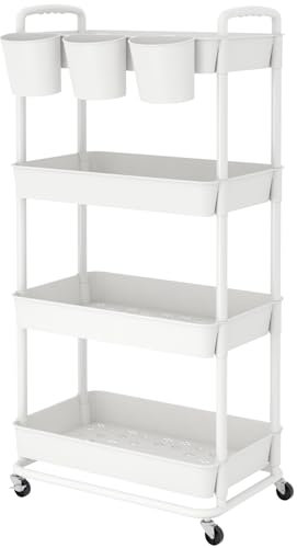 JIUYOTREE Rollwagen aus Kunststoff, 4-stöckig, mit extra hängenden Bechern, Griffen, abschließbare Räder, für Wohnzimmer, Badezimmer, Küche, Büro, Weiß