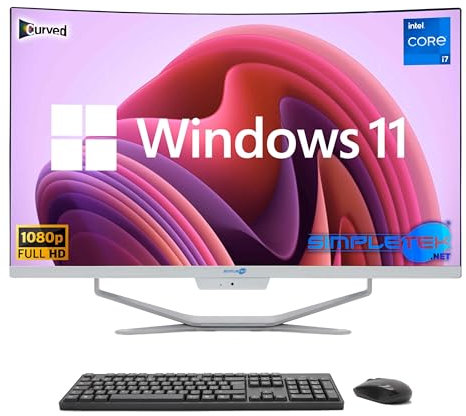 SIMPLETEK All in One AiO 27 FHD Curvo Windows 11 Core i7 hasta 3,6 GHz 16 GB RAM SSD 240 GB HDD 1 TB Ratón Teclado inalámbrico incluido Webcam PC Gaming Curved Streaming Casa Trabajo Ordenador Niños