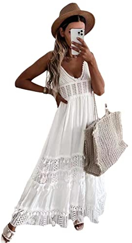 Dam vintage solid ärmlös rygglös strand maxiklänning damer spets vit boho-klänningar, Vitt, S