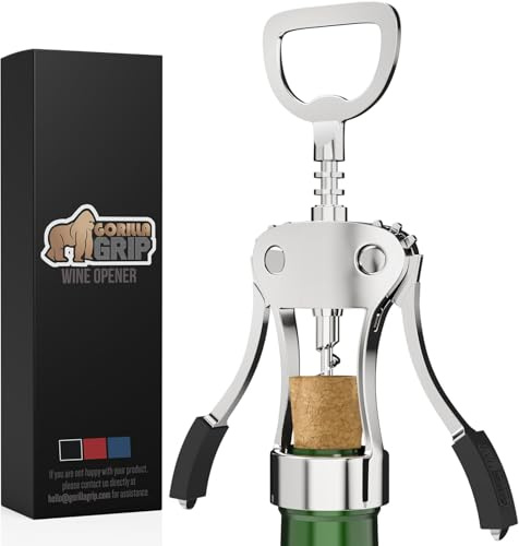 GORILLA GRIP BPA-Free Premium Wine Opener, Easy to Use Smooth Zinc Alloy Wing Corkscrew, Multifunctional Bottle Openers Remove Corks, Caps, Sharp Cork Screw, Dishwasher Safe, Bar Essentials, Black