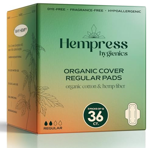 Hempress Ultra Thin Pads for Women, 36 Count, Feminine Care Organic Pads, Regular Flow Ultra Absorbent Cotton with Wings, Menstrual Sanitary Napkins, Fragrance Free, Skin Friendly & Breathable