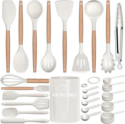 Küchenhelfer Set, 26 Stück Silikon Kochutensilien Kochbesteck Set, Hitzebeständiger Kochgeschirr mit Utensilienhalter, Antihaft Kochset Küchenutensilien mit Holzgriff, Tongs, Whisk, Spatula - weiß
