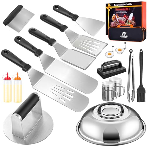 Grillzubehör Set,Teppanyaki BBQ Grillbesteck Set Edelstahl, 19-teiliges Edelstahl Grillbesteck für Blackstone/Hibachi/Plancha - Komplettset inkl. Grillspachtel, Schaber Burgerpresse & Zerkleinerer