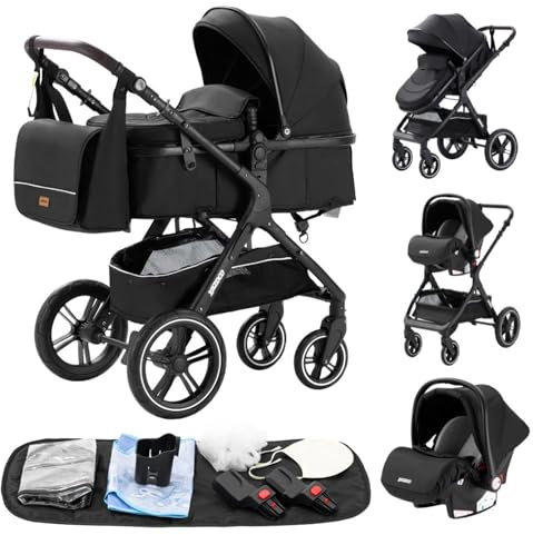 YAZOCO kinderwagen 3 in 1,Kombikinderwagen reisesysteme mit tragbar Moskitonetz Regenschutz Fußsack, Zusammenklappen, Liegeposition Hohe Landschaft (1 schwarz)