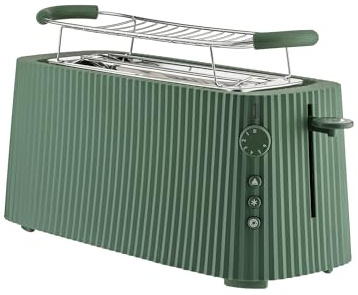 Alessi Plissé MDL15 GR - Tostapane Lungo a Doppio Scomparto, in Resina Termoplastica, Griglia Scalda Brioche in Acciaio Inossidabile 18/10 e Resina Termoplastica, Spina Europea 1700 W, Verde