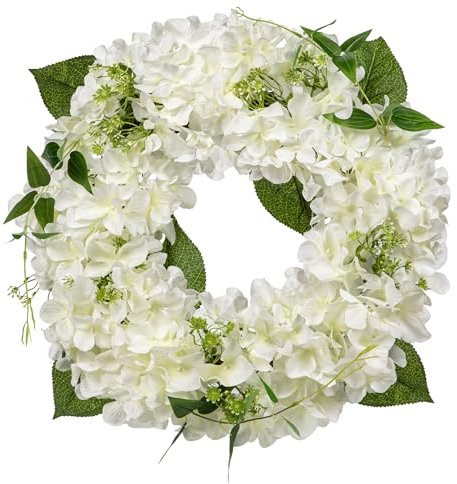 Hollyone 16'' Artificial Hydrangea Wreath - White Fake Flower Wreath, Faux Hydrangeas for Front Door, Floral Arrangements for Mantel, Kitchen, Farmhouse, Wall Decor