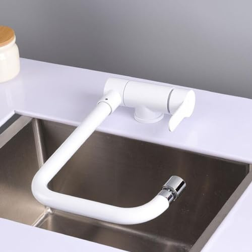 Grifo Cocina Abatible para Ventana, Grifo de Cocina Plegable Blanco Grifo 2 Modos Giratorio 360° Acero Inoxidable Grifo Fregadero Cocina-Blanco