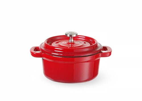 HENDI Casseruola La Cocotte in ghisa vetrificata, rossa, antiaderente, con coperchio, adatto a tutte le fonti di calore (inclusa l'induzione), multifunzionale, 0,27L130x100x(H)48mm, 0.27L