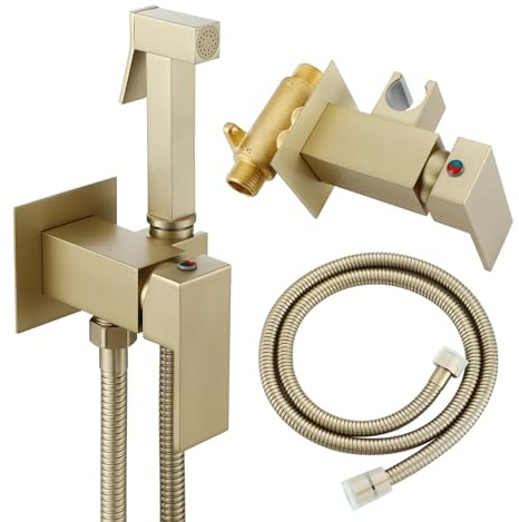Asyas Concealed Warm Water Bidet Sprayer for Toilet with Hot and Cold Brass Valve, Brass Handheld Bidet Attachment Set for Bathroom Brushed Gold