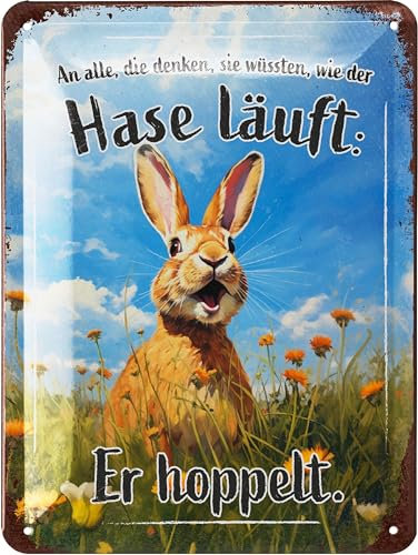 LANOLU Retro Blechschild DER HASE HOPPELT, vintage Metallschilder mit Sprüchen, Shabby Chic Deko Küche und Garten, lustige Schilder aus Metall, Geschenk Ostern 15x20cm