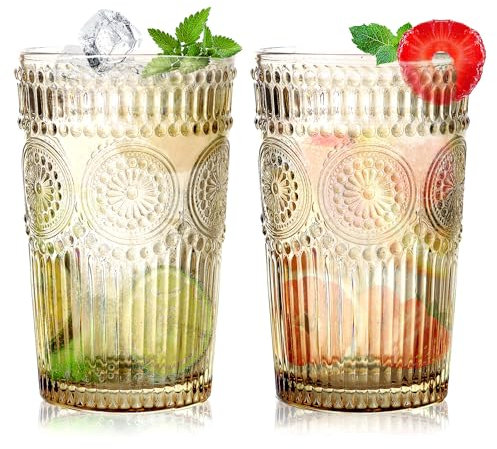 Loivttvv 6pcs Vintage Drinking Glasses Set, 12 oz Tawny Highball Glasses, Embossed Ribbed Glassware Cups for Cocktail, Water, Juice, Coffee, Whiskey