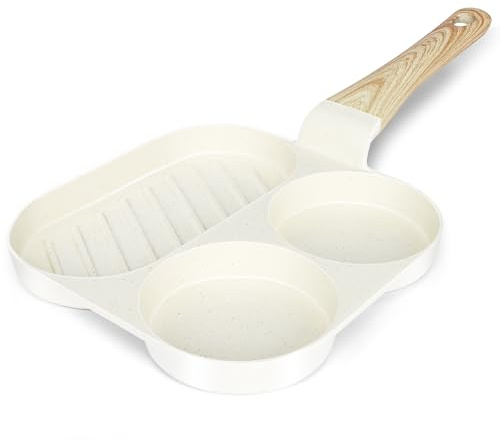 GiPP Non Stick Egg Pan, 3-Cup Granite Omelette Pan Skillet for Breakfast, Pancake Skillet with Heat-Resistant Handle, Compatible with All Stovetops, Easy to Clean, PFOA Free (White, 3-Hole)