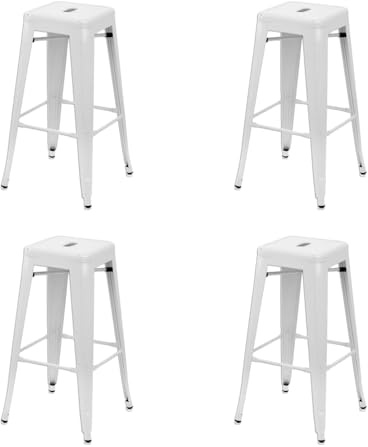 EME Pack 4 Taburetes Alto Metálico de Acero Galvanizado. Taburete Metálico Apilable de 76x43x43cm Ideal para Usar en Interior y Exterior. Incluye 4 Unidades. (Blanco)