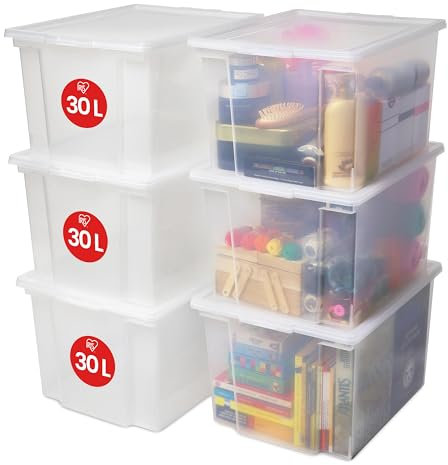 Iris Ohyama Vielseitige Aufbewahrungsbox mit Deckel, Stapelboxen, 30L, 6er-Set, Transparent, Stapelbar, Plastik, Für Schrank, Regale, Organisation, Kleidung, Bettlaken, Plastikbox mit Deckel, USB-M