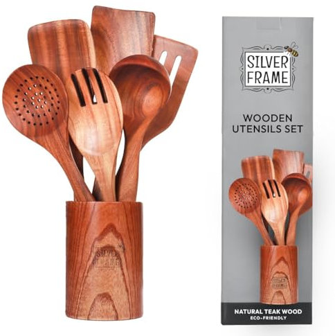 Silver Frame Wooden Spoons for Cooking, Utensils Set with Kitchen Holder -7 pcs of Teak Wood Cooking Utensils Set, Wooden Kitchen Utensils for Nonstick Pans and All Kind of Cooking