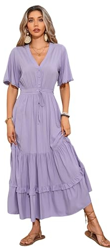 R.Vivimos Abito Boho Estivo Donna Abito Sexy Scollo a V Bottoni Manica Corta Vestito Elegante con Volant Orlo Abito Lungo Maxi da Spiaggia Casual per Le Vacanze