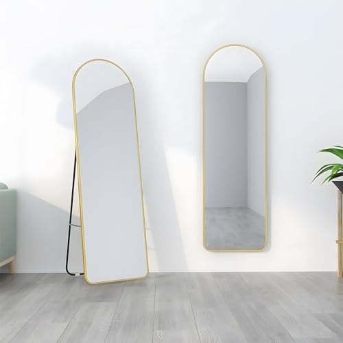 MIQU Bogen Standspiegel Ganzkörperspiegel 146 x 45 cm mit Ständer, Gold Matt Metall Rahmen Wandspiegel Lang Dekorative Groß Spiegel Wand Hänger für Flur, Wohnzimmer, Schlafzimmer