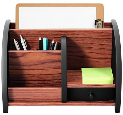 Aohuada Organizer da scrivania vintage, portapenne con 6 scomparti e un cassetto, colore Nero E Legno