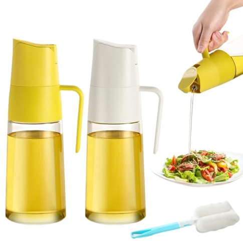 FRIBERG 2XDistributeur D'huile D'olive 600 ml Couvercle Automatique Distributeur Bouteille Huile, bouteille d'huile d'olive en verre avec bouchon à gravité, brosse de nettoyage incluse(Blanche+Jaune)
